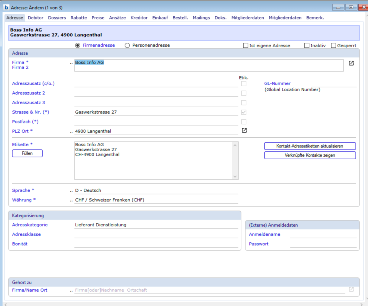 Adresserfassung in bossERP